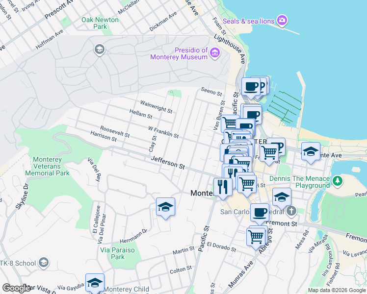 map of restaurants, bars, coffee shops, grocery stores, and more near 431 Watson Street in Monterey