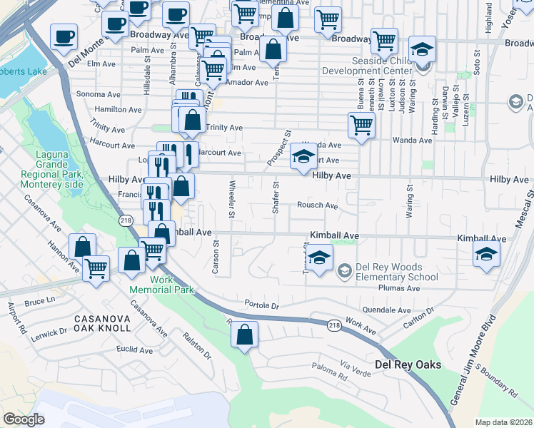 map of restaurants, bars, coffee shops, grocery stores, and more near 1077 Cadiz Court in Seaside