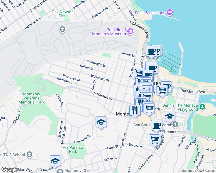 map of restaurants, bars, coffee shops, grocery stores, and more near 434 Watson Street in Monterey
