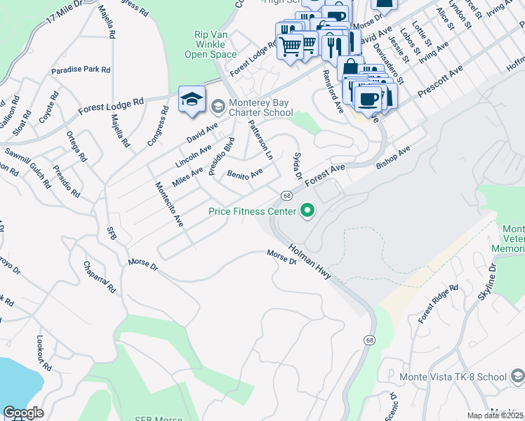 map of restaurants, bars, coffee shops, grocery stores, and more near 1029 Austin Avenue in Pacific Grove