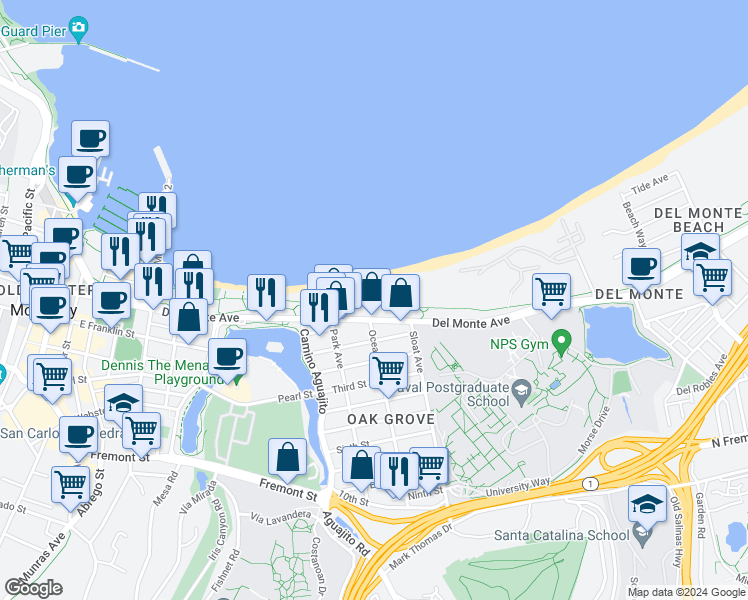 map of restaurants, bars, coffee shops, grocery stores, and more near 37 La Playa Street in Monterey