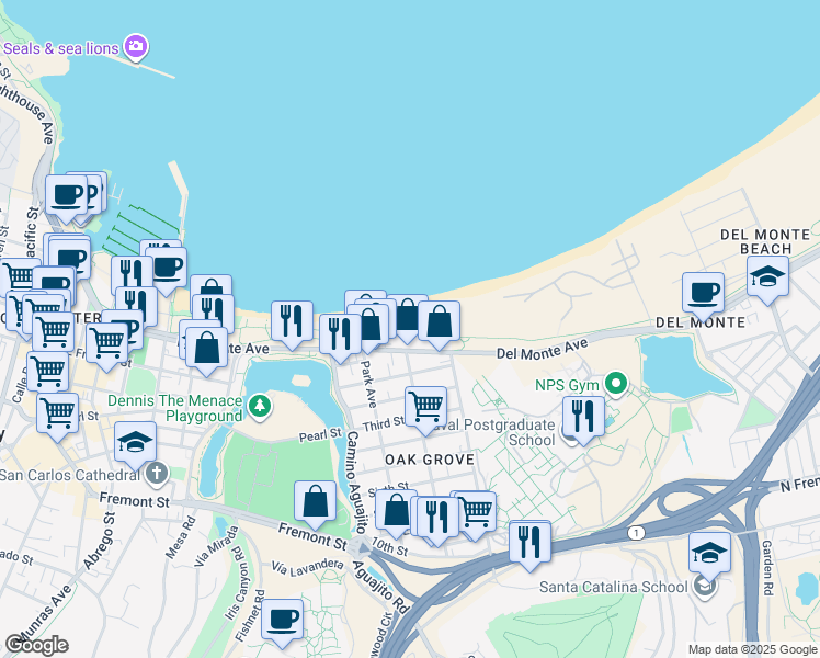 map of restaurants, bars, coffee shops, grocery stores, and more near 37 La Playa Street in Monterey