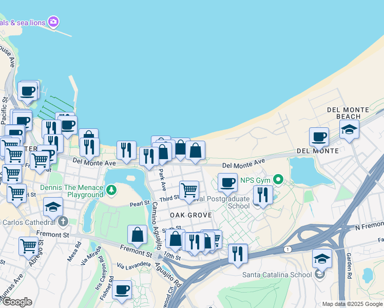 map of restaurants, bars, coffee shops, grocery stores, and more near 54 La Playa Street in Monterey