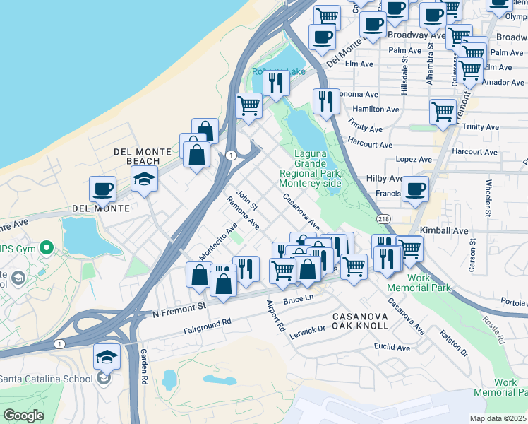 map of restaurants, bars, coffee shops, grocery stores, and more near 318 Branner Avenue in Monterey