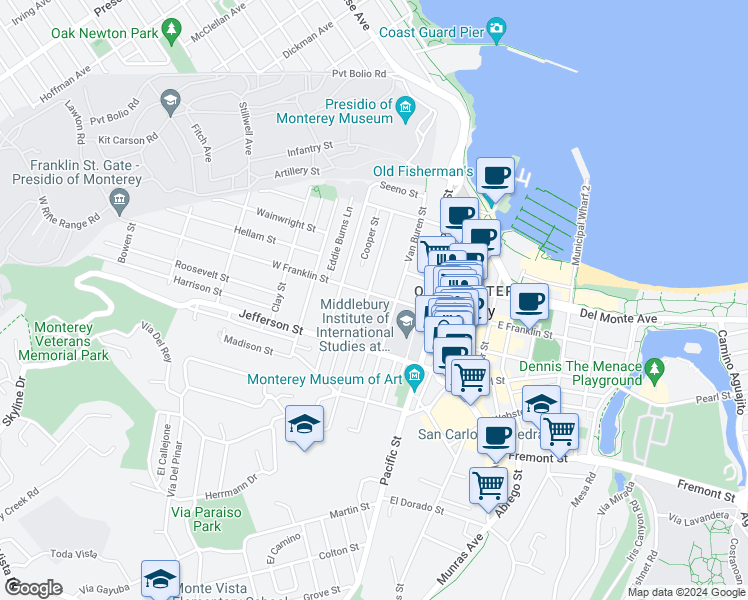 map of restaurants, bars, coffee shops, grocery stores, and more near 444 Larkin Street in Monterey