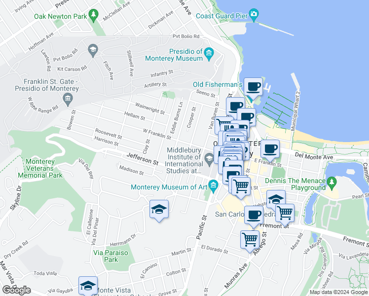 map of restaurants, bars, coffee shops, grocery stores, and more near 444 Larkin Street in Monterey