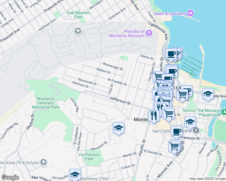 map of restaurants, bars, coffee shops, grocery stores, and more near 486 Monroe Street in Monterey