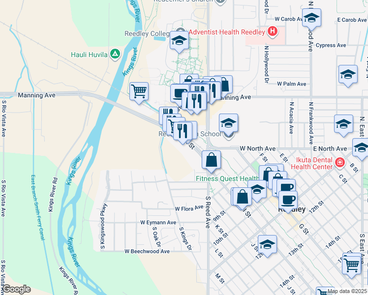 map of restaurants, bars, coffee shops, grocery stores, and more near 555 I Street in Reedley