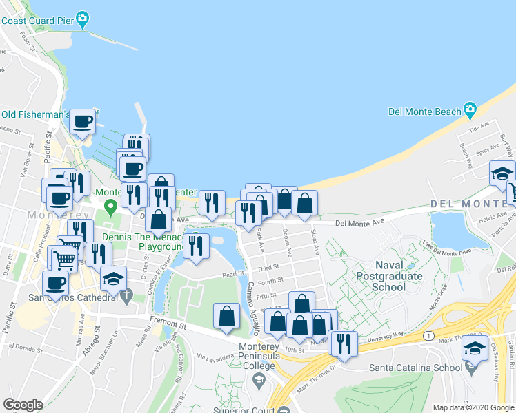 map of restaurants, bars, coffee shops, grocery stores, and more near 1 La Playa Street in Monterey