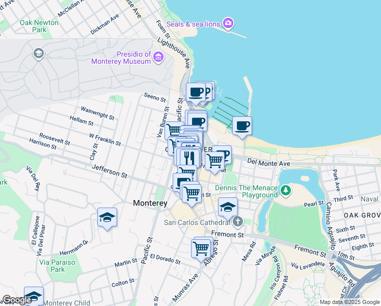 map of restaurants, bars, coffee shops, grocery stores, and more near 316 Alvarado Street in Monterey