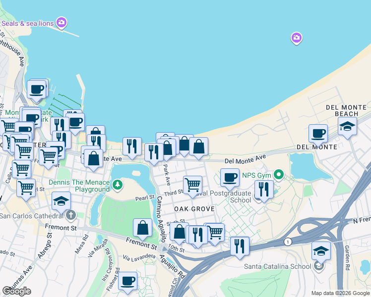 map of restaurants, bars, coffee shops, grocery stores, and more near 39 La Playa Street in Monterey