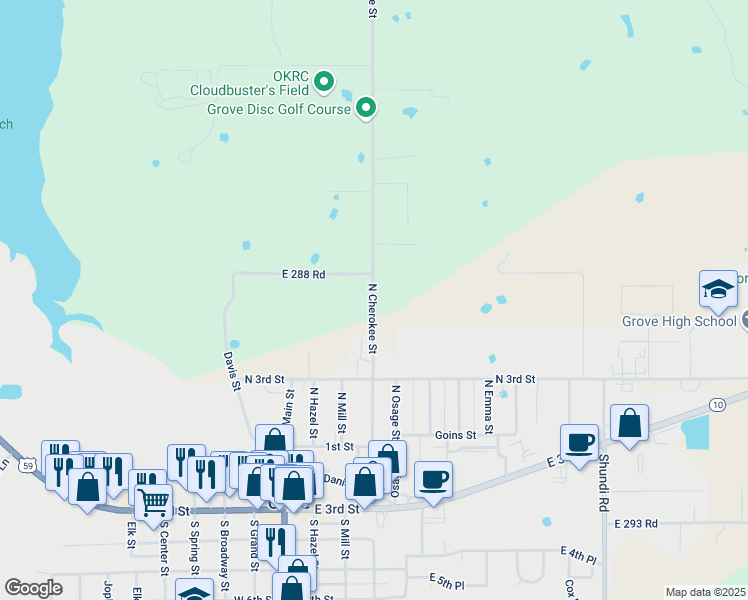 map of restaurants, bars, coffee shops, grocery stores, and more near 28705-28951 North Cherokee Street in Grove