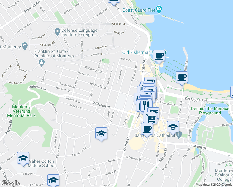 map of restaurants, bars, coffee shops, grocery stores, and more near 444 Larkin Street in Monterey