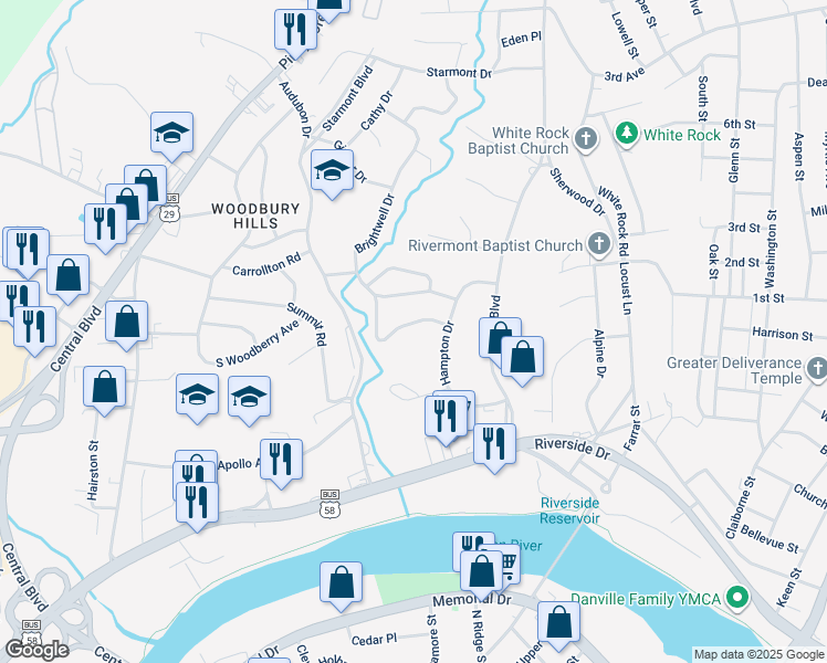 map of restaurants, bars, coffee shops, grocery stores, and more near 131 Brookview Road in Danville