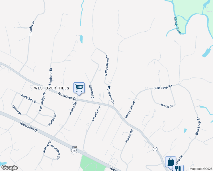 map of restaurants, bars, coffee shops, grocery stores, and more near 437 Woodlawn Drive in Danville