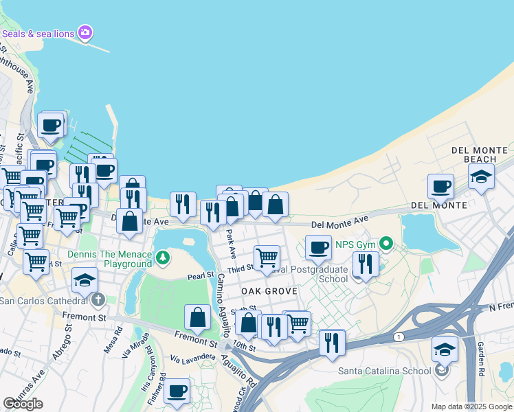 map of restaurants, bars, coffee shops, grocery stores, and more near 40 La Playa Street in Monterey