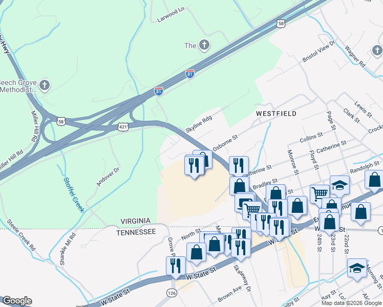 map of restaurants, bars, coffee shops, grocery stores, and more near Veda Drive in Bristol