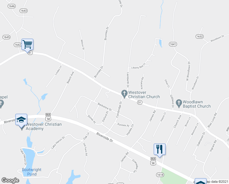 map of restaurants, bars, coffee shops, grocery stores, and more near 2941 Westover Drive in Danville