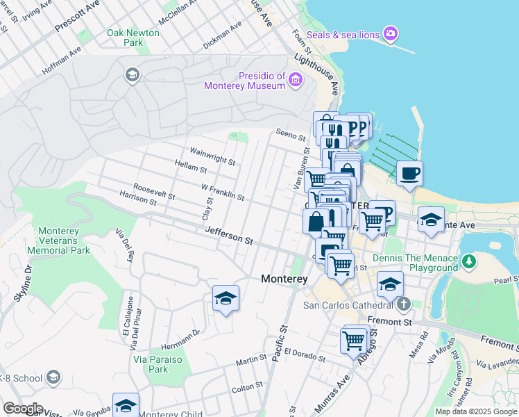map of restaurants, bars, coffee shops, grocery stores, and more near 384 Larkin Street in Monterey