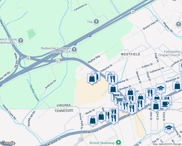 map of restaurants, bars, coffee shops, grocery stores, and more near 801 Gate City Highway in Bristol