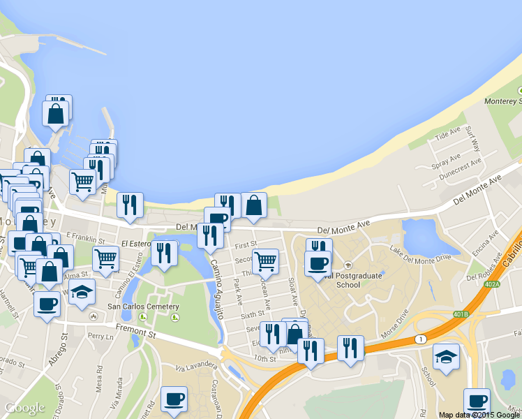 map of restaurants, bars, coffee shops, grocery stores, and more near 43 La Playa Street in Monterey