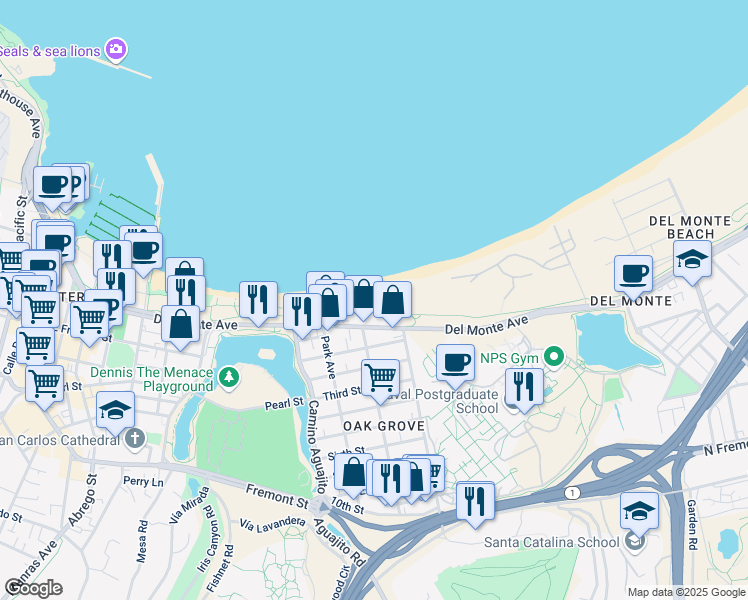 map of restaurants, bars, coffee shops, grocery stores, and more near 43 La Playa Street in Monterey