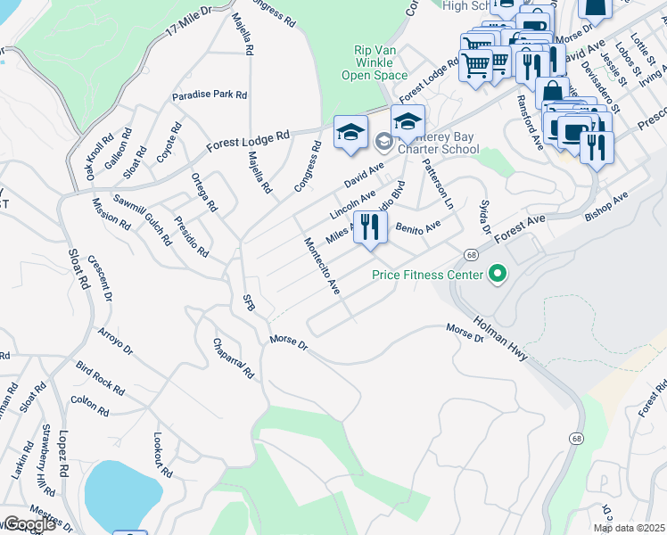 map of restaurants, bars, coffee shops, grocery stores, and more near 1225 Lawton Avenue in Pacific Grove