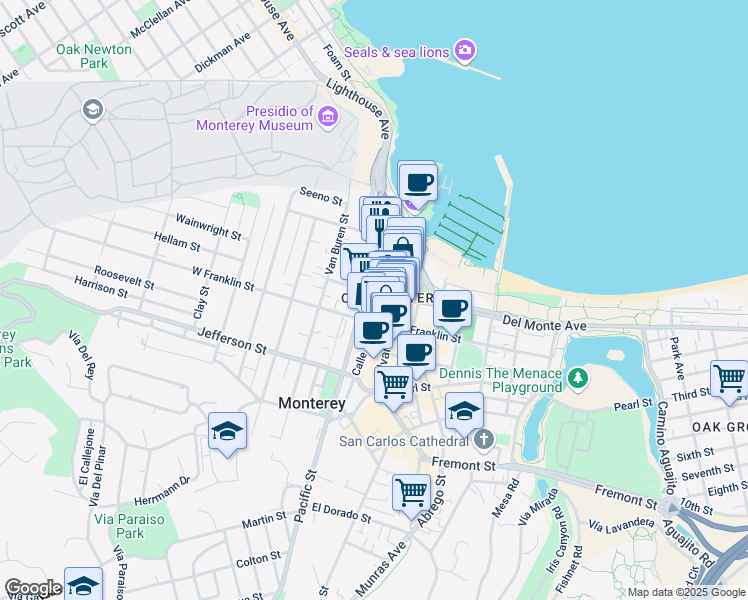 map of restaurants, bars, coffee shops, grocery stores, and more near 350 Calle Principal in Monterey