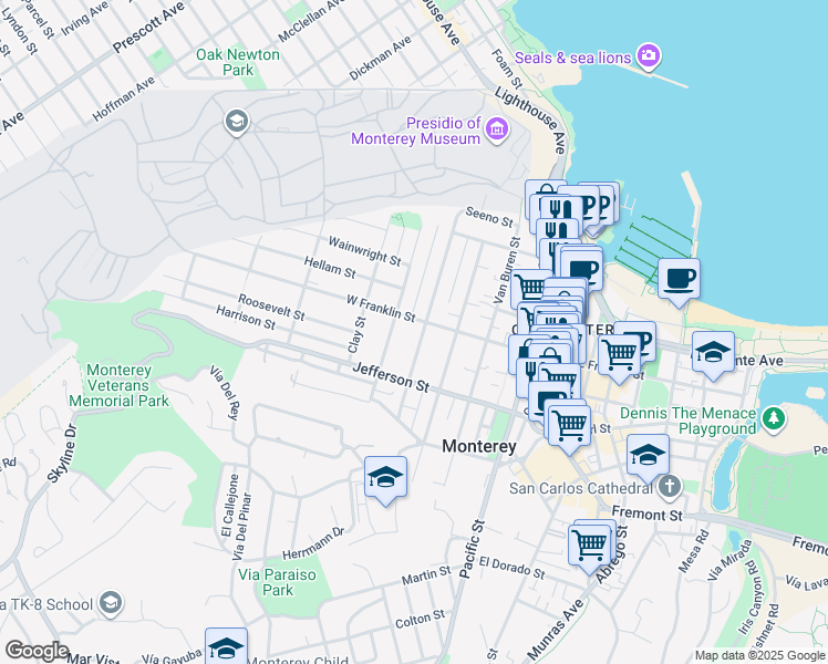 map of restaurants, bars, coffee shops, grocery stores, and more near 402 Watson Street in Monterey