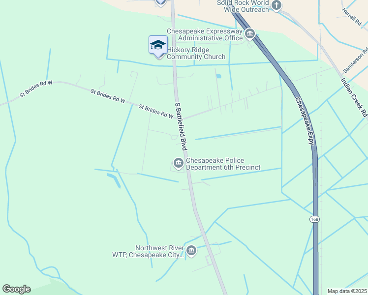 map of restaurants, bars, coffee shops, grocery stores, and more near 3444 Battlefield Boulevard South in Chesapeake