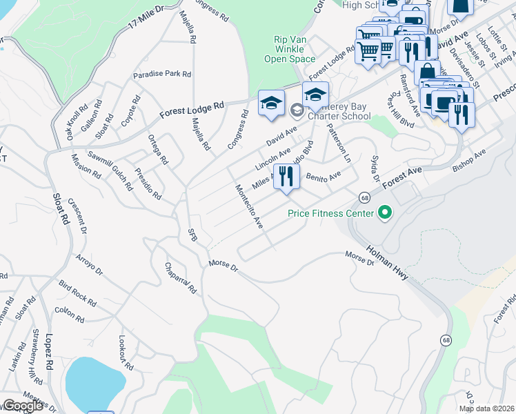 map of restaurants, bars, coffee shops, grocery stores, and more near 1225 Lawton Avenue in Pacific Grove