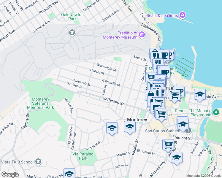 map of restaurants, bars, coffee shops, grocery stores, and more near 428 Monroe Street in Monterey