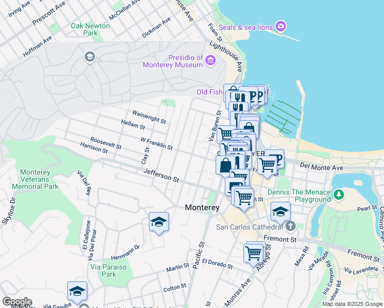 map of restaurants, bars, coffee shops, grocery stores, and more near West Franklin Street & Larkin Street in Monterey