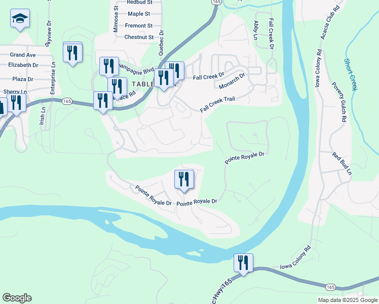 map of restaurants, bars, coffee shops, grocery stores, and more near 380 Meadow Ridge Lane in Branson