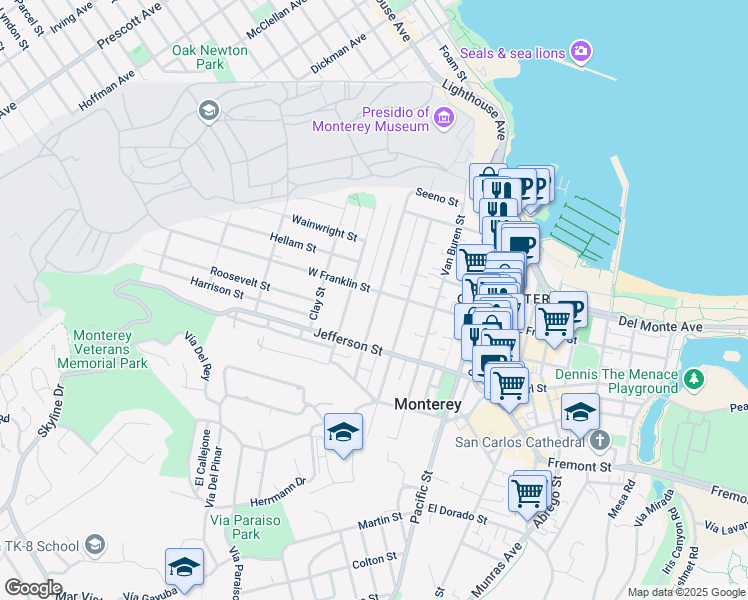 map of restaurants, bars, coffee shops, grocery stores, and more near 766 West Franklin Street in Monterey