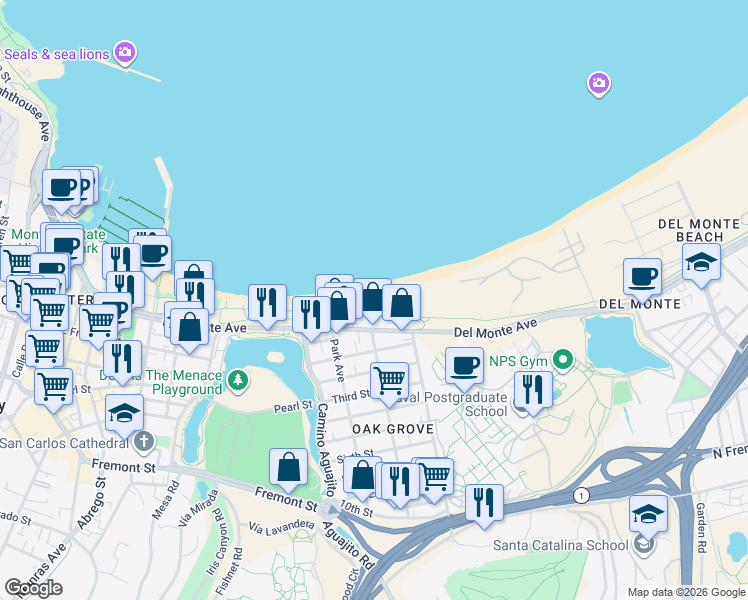 map of restaurants, bars, coffee shops, grocery stores, and more near 36 La Playa Street in Monterey