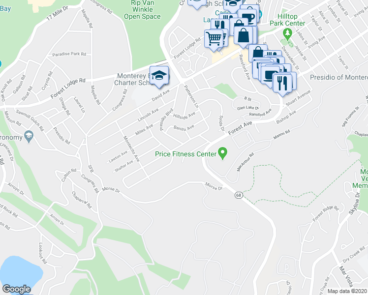 map of restaurants, bars, coffee shops, grocery stores, and more near 1105 Funston Avenue in Pacific Grove