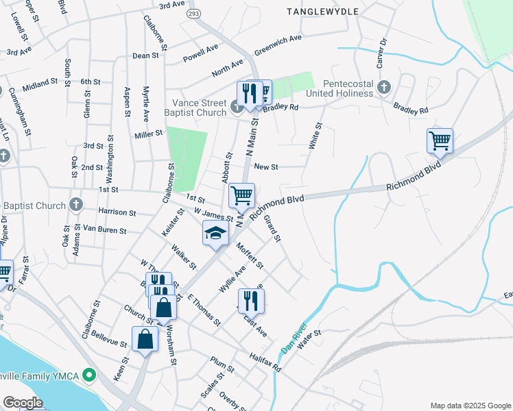 map of restaurants, bars, coffee shops, grocery stores, and more near 1310 N Main St in Danville