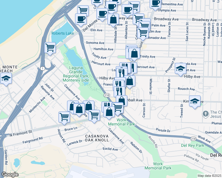 map of restaurants, bars, coffee shops, grocery stores, and more near 590 Francis Avenue in Seaside