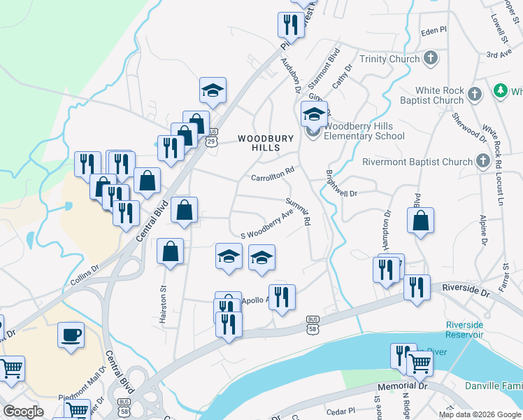 map of restaurants, bars, coffee shops, grocery stores, and more near 100-198 Summit Road in Danville