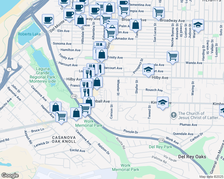 map of restaurants, bars, coffee shops, grocery stores, and more near 1142 Carson Street in Seaside