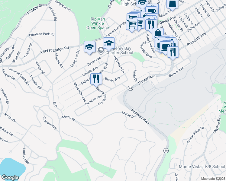 map of restaurants, bars, coffee shops, grocery stores, and more near 1105 Funston Avenue in Pacific Grove