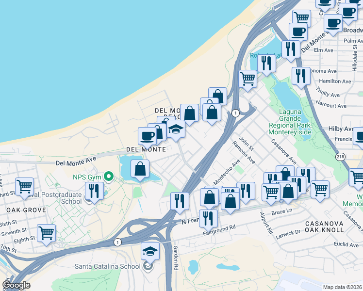 map of restaurants, bars, coffee shops, grocery stores, and more near 217 Casa Verde Way in Monterey