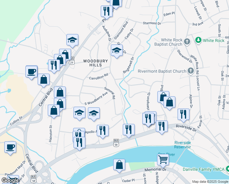 map of restaurants, bars, coffee shops, grocery stores, and more near 311 Summit Road in Danville