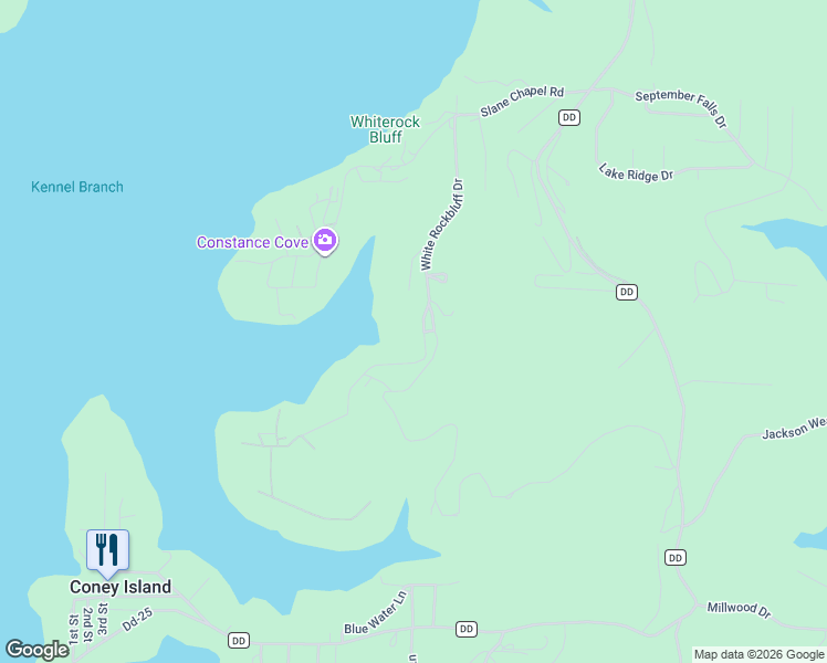 map of restaurants, bars, coffee shops, grocery stores, and more near White Rockbluff Drive in Reeds Spring