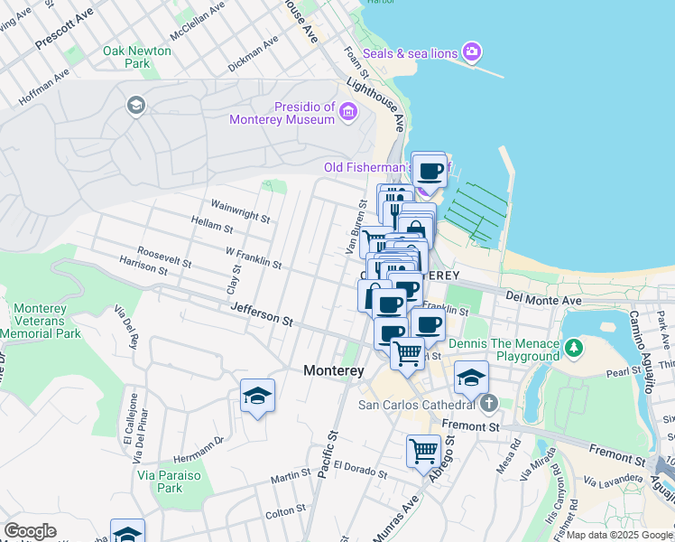 map of restaurants, bars, coffee shops, grocery stores, and more near 366 Van Buren Street in Monterey