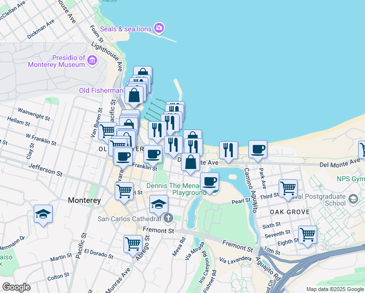 map of restaurants, bars, coffee shops, grocery stores, and more near 285 Figueroa Street in Monterey