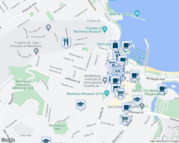 map of restaurants, bars, coffee shops, grocery stores, and more near 419 Watson Street in Monterey
