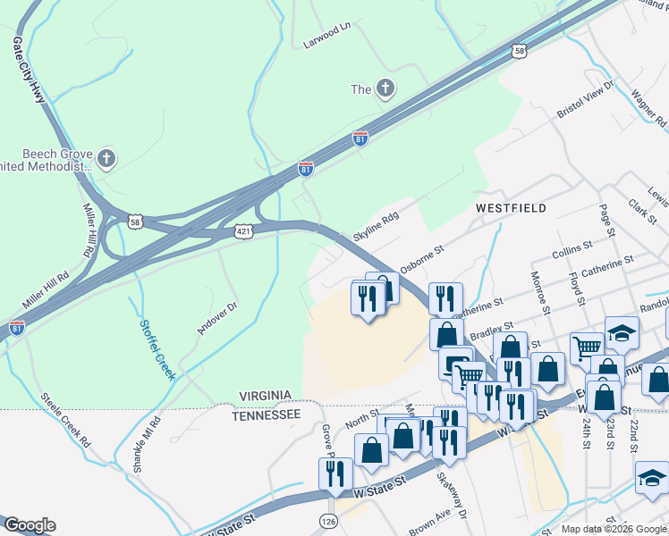 map of restaurants, bars, coffee shops, grocery stores, and more near 2627 Everett Street in Bristol
