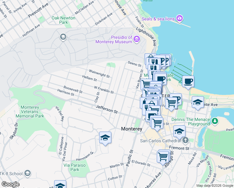 map of restaurants, bars, coffee shops, grocery stores, and more near West Franklin Street & Watson Street in Monterey